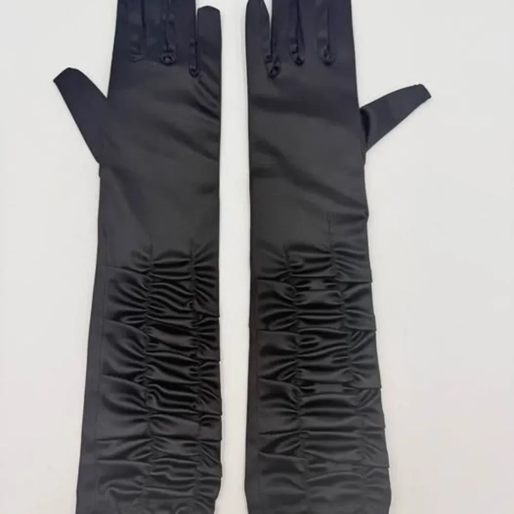 Womens fancy Black Ruched Satin Opera Length Gloves